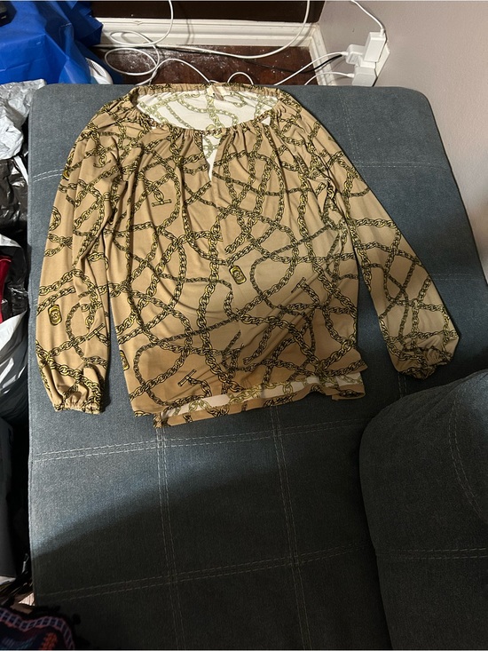Michael Kors Tops - Michael Kors Tan Chain-Print Long Sleeve Blouse